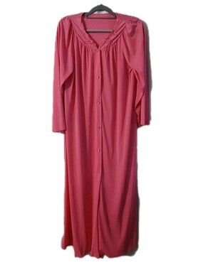 Bright Pink Robe Size Medium embroidered neckline Button Up READ Vintage